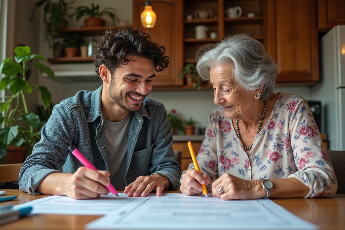 Jeune homme et femme âgée collaborant sur un document à la maison