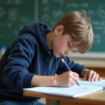 Jeune garçon en hoodie bleu dessinant des diagrammes mathématiques