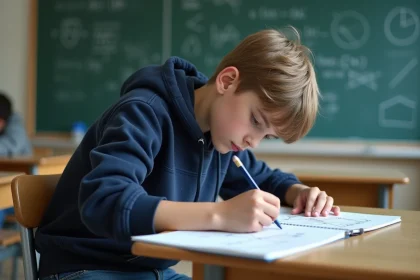 Jeune garçon en hoodie bleu dessinant des diagrammes mathématiques