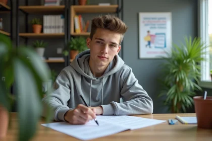 Étudiant jeune étudiant remplissant un formulaire d'inscription universitaire