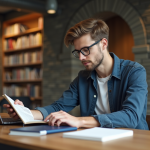 Jeune étudiant lisant un livre technique dans une bibliothèque moderne