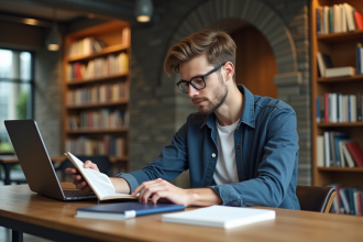 Jeune étudiant lisant un livre technique dans une bibliothèque moderne