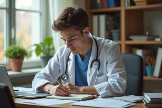 Jeune étudiant en médecine étudiant à la maison