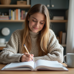 Jeune femme étudiante à la maison avec livre de langues
