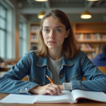 Jeune femme en bibliothèque en train d'étudier