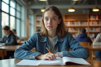 Jeune femme en bibliothèque en train d'étudier