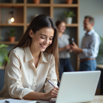 Jeune femme au bureau coworking avec ordinateur et notes
