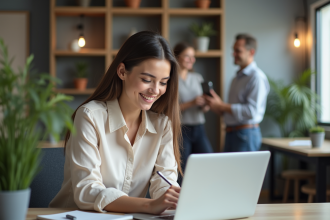 Jeune femme au bureau coworking avec ordinateur et notes