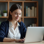 Jeune femme en bureau regardant l'ordinateur pour article sur Oulala