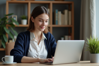 Jeune femme en bureau regardant l'ordinateur pour article sur Oulala