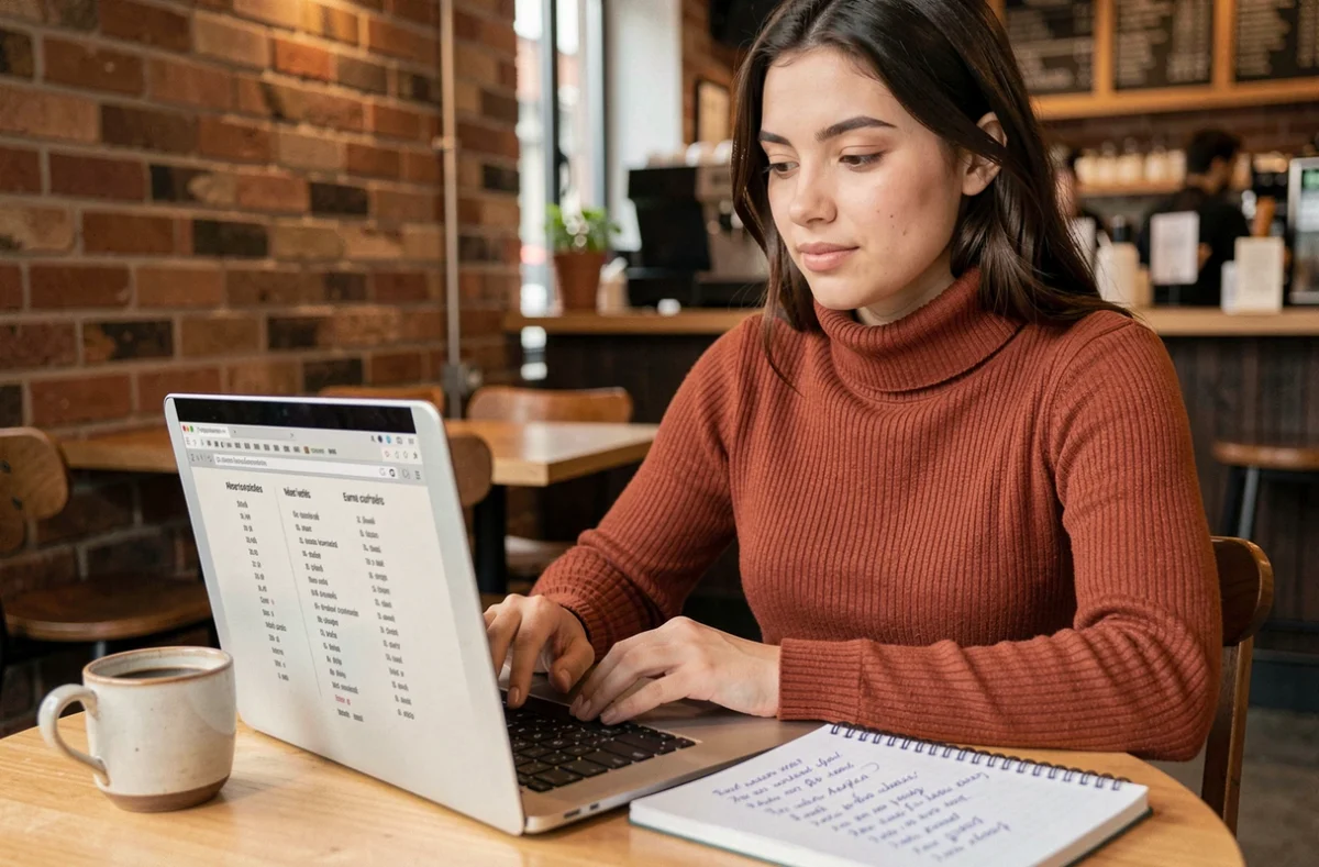 Jeune femme révisant une liste de verbes du 3ème groupe en PDF sur son ordinateur portable dans un café