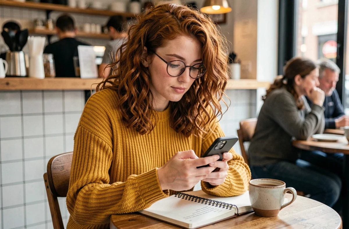 Jeune femme dans un café tapant un message en espagnol avec la lettre ñ sur son smartphone