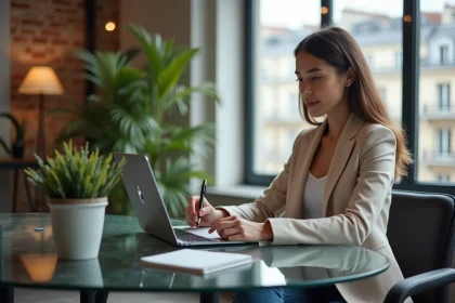 Jeune femme en coworking à Paris travaillant sur son ordinateur