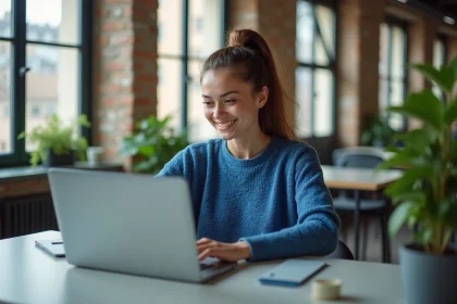 Jeune femme souriante dans un espace de coworking parisien