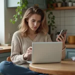 Jeune femme en cuisine utilisant ordinateur et smartphone