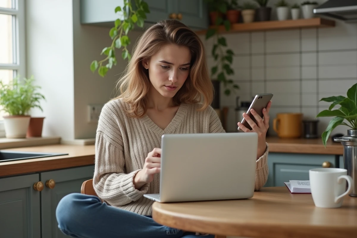 Jeune femme en cuisine utilisant ordinateur et smartphone