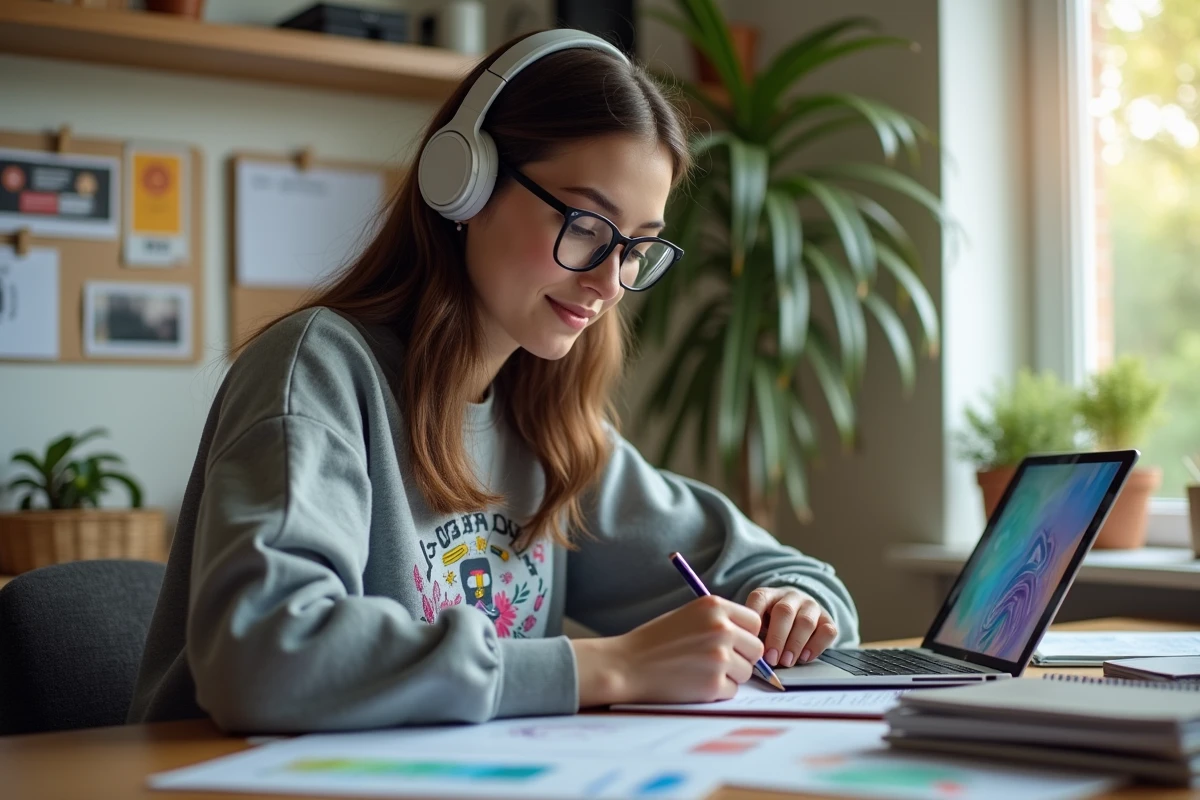 Jeune femme en design dessinant sur une tablette à la maison