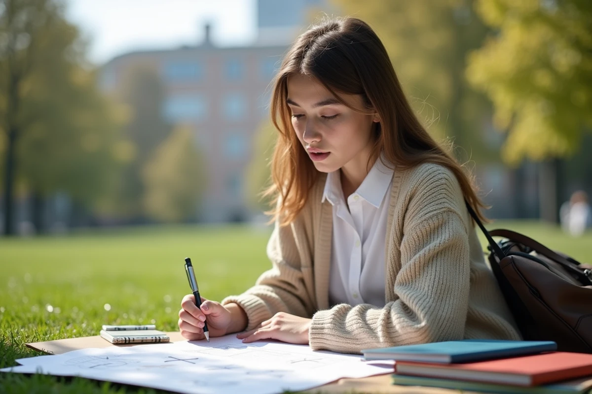 Jeune femme dessinant des vecteurs sur papier en plein air