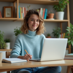 Jeune femme souriante étudie en ligne dans un intérieur cosy
