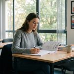 Jeune femme étudie un livret TCF dans une salle moderne