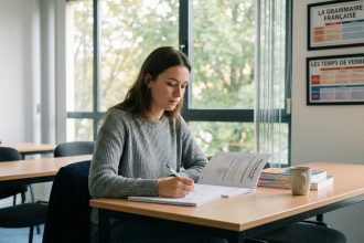 Jeune femme étudie un livret TCF dans une salle moderne