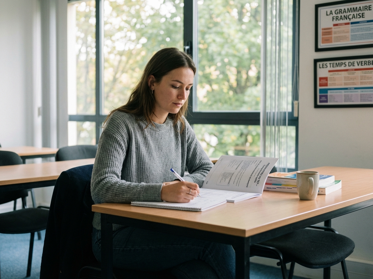 Jeune femme étudie un livret TCF dans une salle moderne