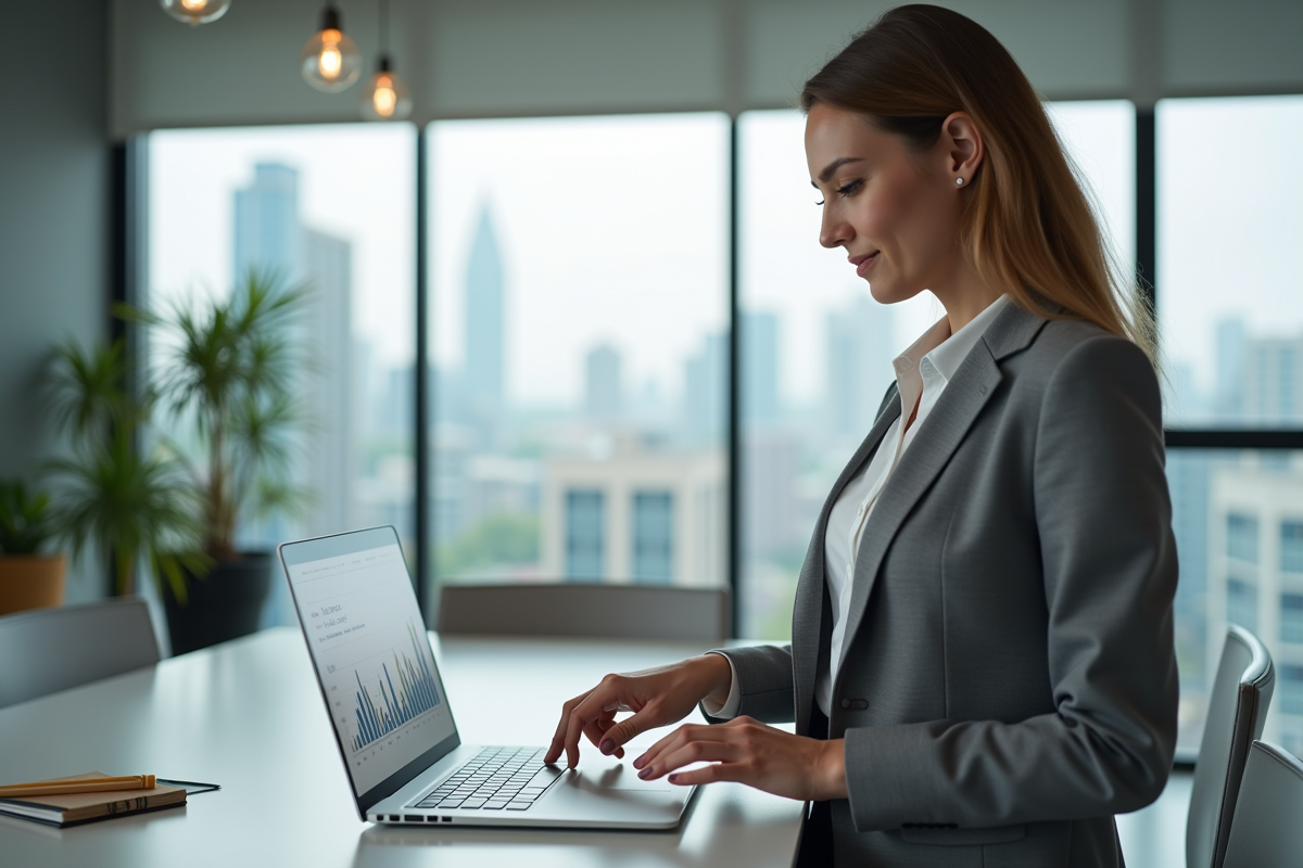 Jeune femme en blazer gris pointant des graphiques sur un ordinateur