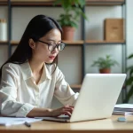 Jeune femme concentrée à écrire une lettre de motivation sur un ordinateur