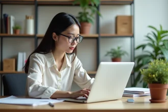 Jeune femme concentrée à écrire une lettre de motivation sur un ordinateur