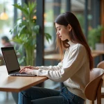 Jeune femme utilisant un ordinateur dans un café universitaire