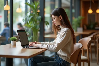 Jeune femme utilisant un ordinateur dans un café universitaire