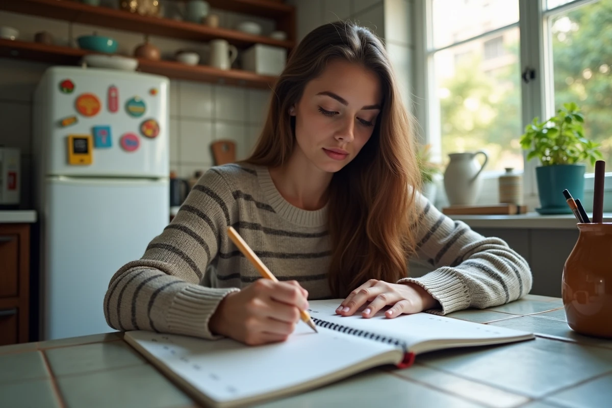 Jeune femme pratique conjugaison espagnol dans sa cuisine