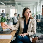 Jeune femme en blazer présente un projet digital lors d'une réunion