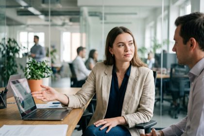 Jeune femme en blazer présente un projet digital lors d'une réunion