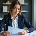 Jeune femme professionnelle examinant des documents officiels avec sceau RNCP