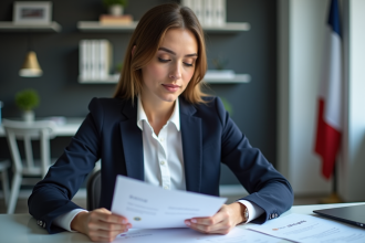 Jeune femme professionnelle examinant des documents officiels avec sceau RNCP