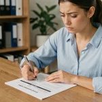 Jeune femme concentrée remplissant un questionnaire d'orientation professionnelle sur un bureau en bois