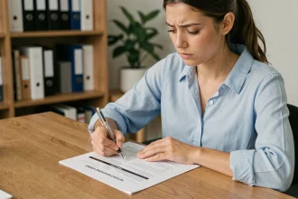 Jeune femme concentrée remplissant un questionnaire d'orientation professionnelle sur un bureau en bois