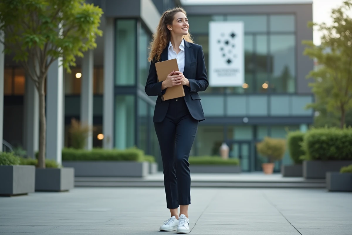 Jeune femme confiante devant une académie moderne