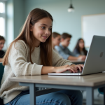 Jeune fille en classe utilisant un ordinateur portable pour apprendre
