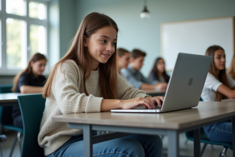 Jeune fille en classe utilisant un ordinateur portable pour apprendre