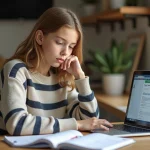 Jeune fille en sweater à rayures avec planner et ordinateur