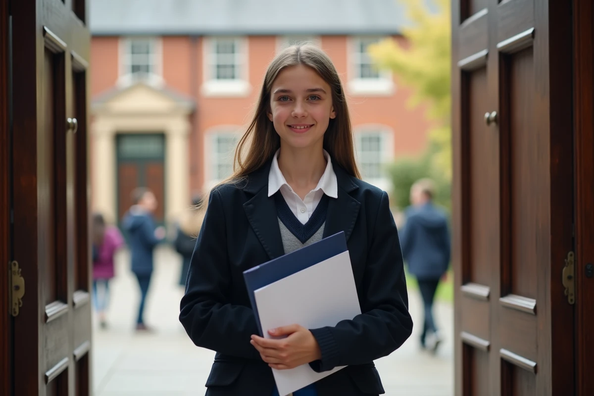 Jeune fille confiante en uniforme scolaire avec documents en main