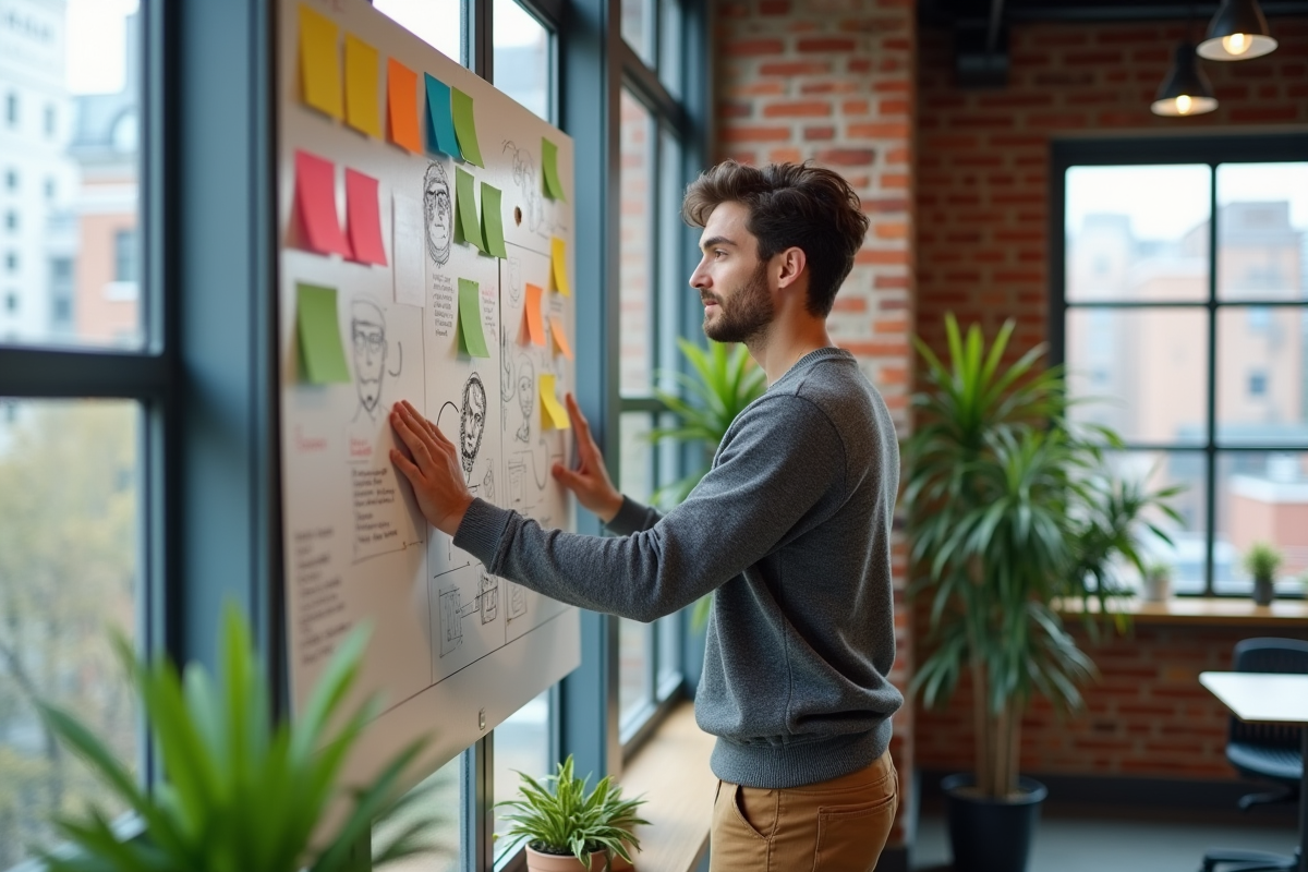 Jeune homme collant des notes colorées sur un mur créatif