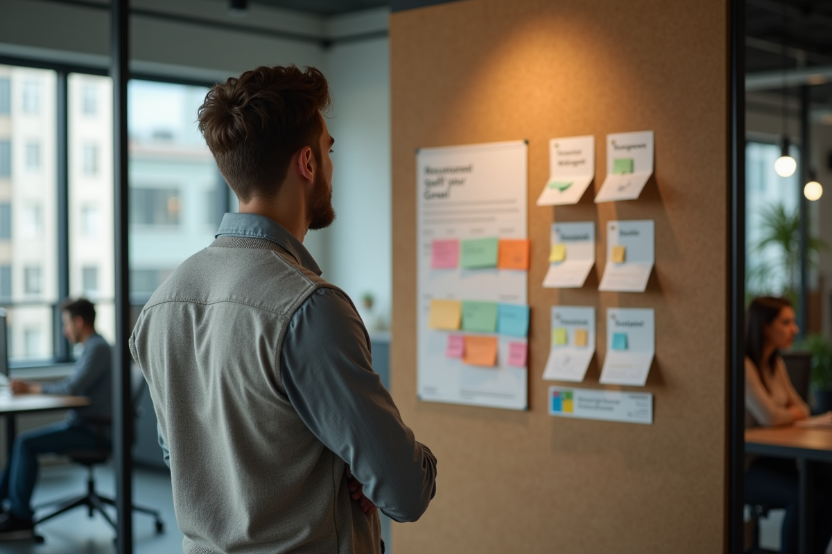 Jeune homme regardant un tableau de notes dans un espace de coworking