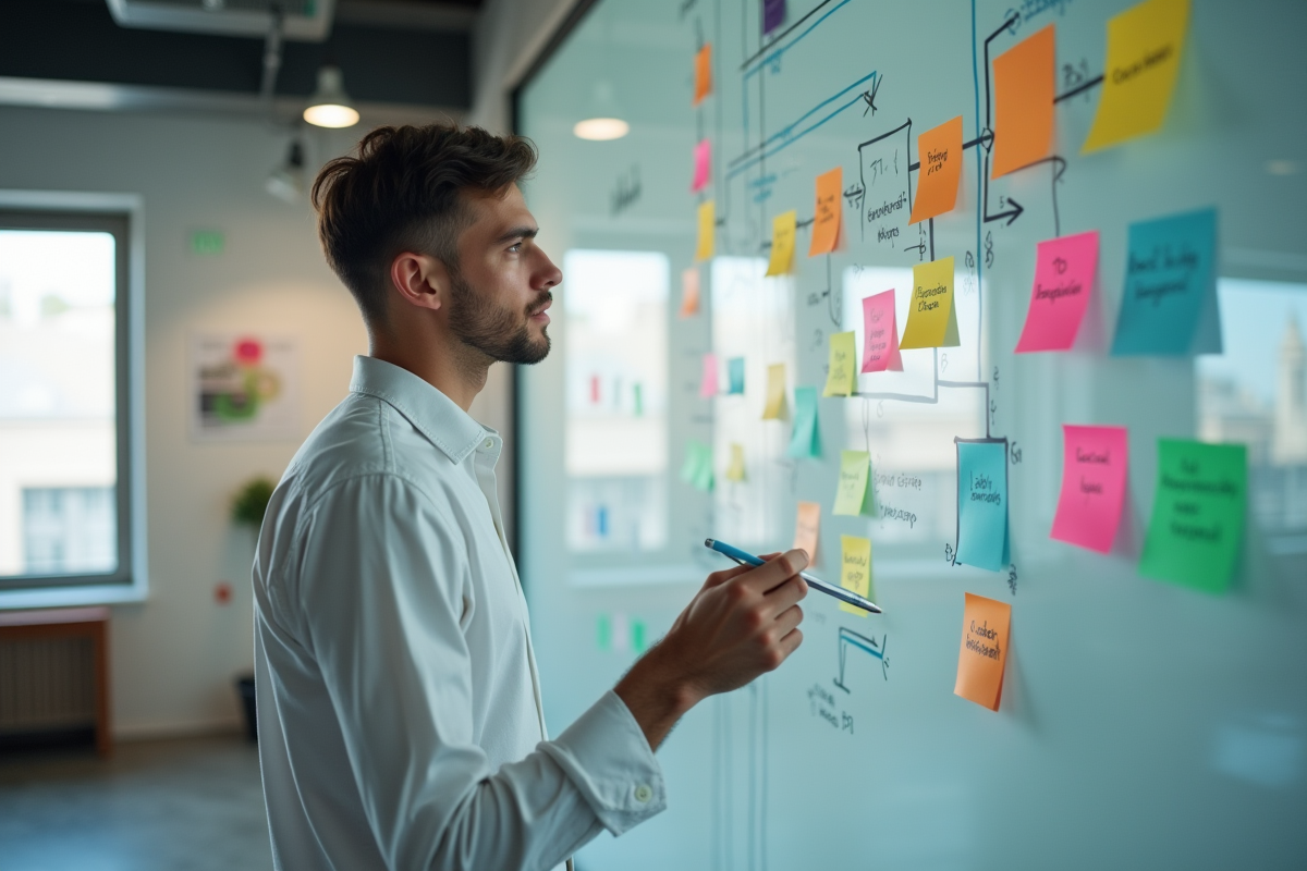Jeune homme discutant devant tableau de flux coloré