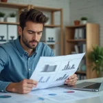 Jeune homme étudiant documents avec plans et prix