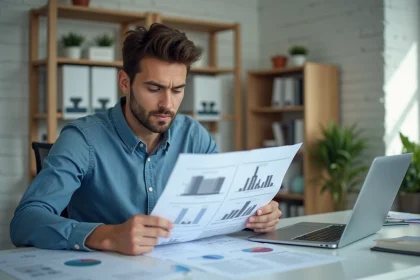 Jeune homme étudiant documents avec plans et prix