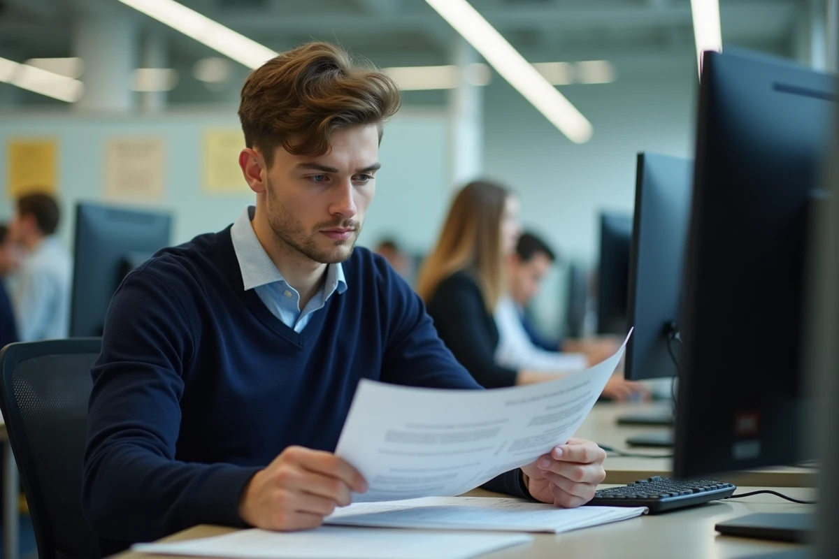 Jeune homme étudiant examinant des documents dans un centre universitaire