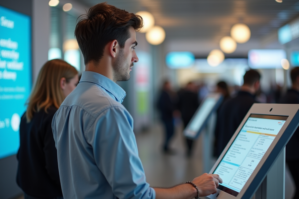Jeune homme utilisant un kiosque d